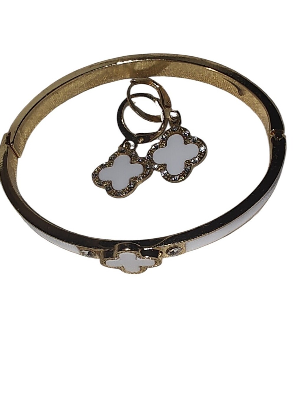 Gold & White Clover Bracelet and Earring Fine Jewelry Set